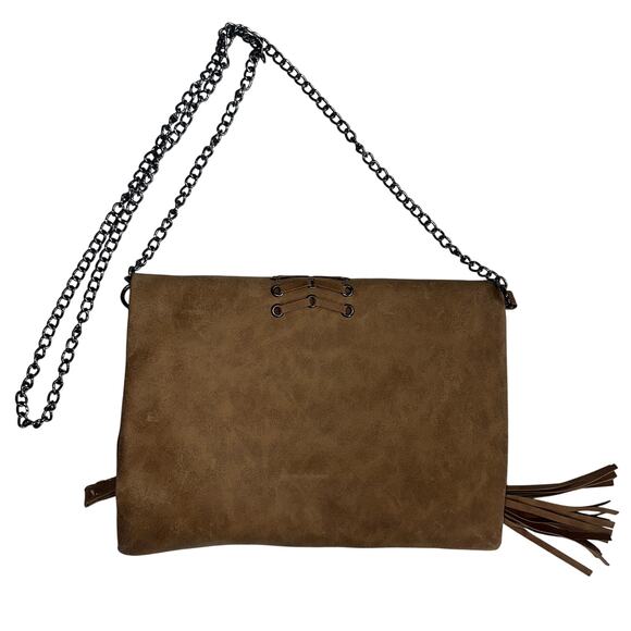 Charlie Paige Tan Vegan Leather Crossbody Purse Bag Boho with Tassel Chain Strap - Picture 2 of 7